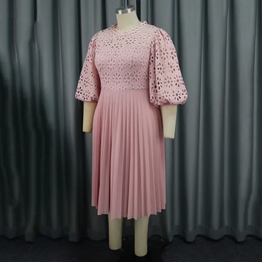 Pink Luxury Pleated Dress: Lace Patchwork, Round Neck, Elegant - Image 3