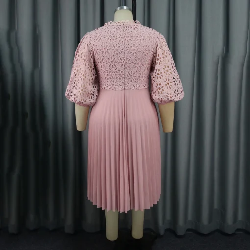 Pink Luxury Pleated Dress: Lace Patchwork, Round Neck, Elegant - Image 4