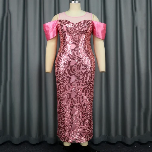 Pink Sequined Dress: Round Neck, Cold Shoulder, Elegant Ankle-Length - Image 2