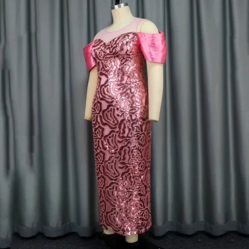 Pink Sequined Dress: Round Neck, Cold Shoulder, Elegant Ankle-Length - Image 3