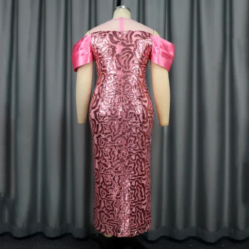 Pink Sequined Dress: Round Neck, Cold Shoulder, Elegant Ankle-Length - Image 4