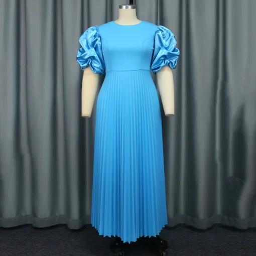 Blue Luxury Pleated Dress: Round Neck, Puff Sleeve, Ankle-Length Elegance - Image 2