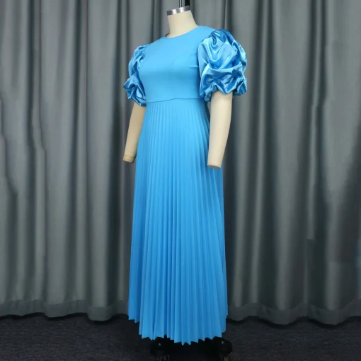 Blue Luxury Pleated Dress: Round Neck, Puff Sleeve, Ankle-Length Elegance - Image 3