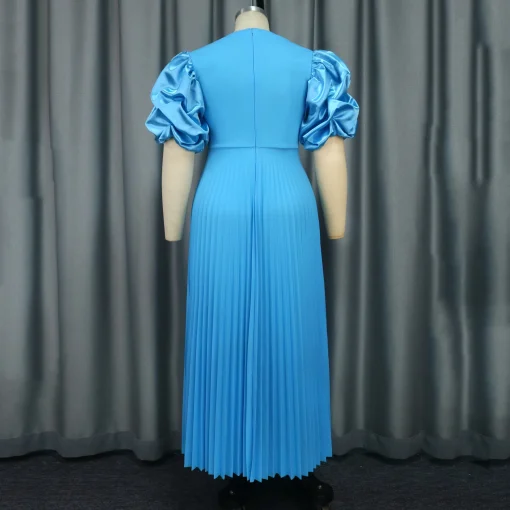 Blue Luxury Pleated Dress: Round Neck, Puff Sleeve, Ankle-Length Elegance - Image 4