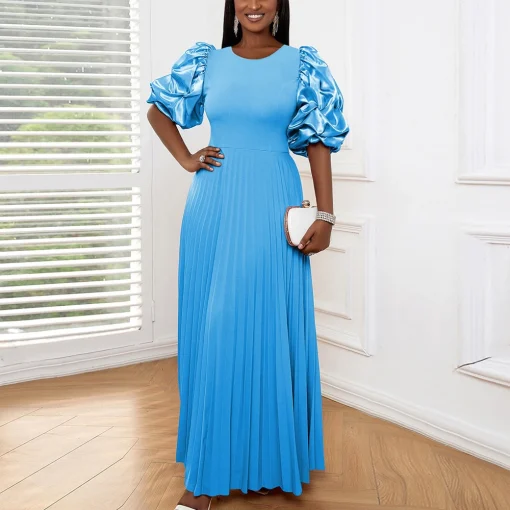 Blue Luxury Pleated Dress: Round Neck, Puff Sleeve, Ankle-Length Elegance