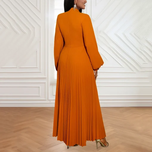 Brown Luxury Pleated Dress: Round Neck, Full Sleeve, Ankle-Length Elegance - Image 2