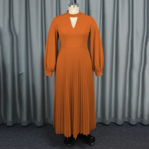 Brown Luxury Pleated Dress: Round Neck, Full Sleeve, Ankle-Length Elegance - Image 3