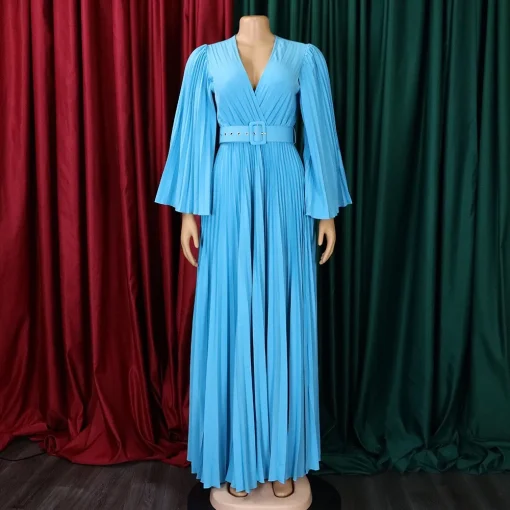 Pleated V-Neck Luxury Dress: Belted, Flare Sleeve, Floor-Length Celebration Attire - Image 2