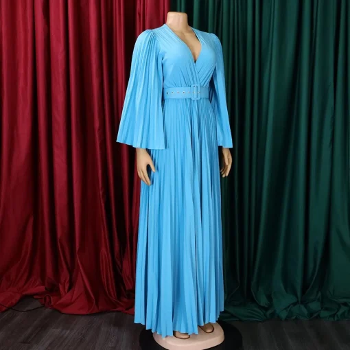 Pleated V-Neck Luxury Dress: Belted, Flare Sleeve, Floor-Length Celebration Attire - Image 3