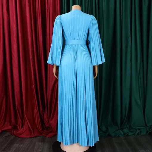 Pleated V-Neck Luxury Dress: Belted, Flare Sleeve, Floor-Length Celebration Attire - Image 4