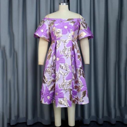 Purple Printed A-Line Dress - Off-Shoulder Elegance for Birthday Parties - Image 2