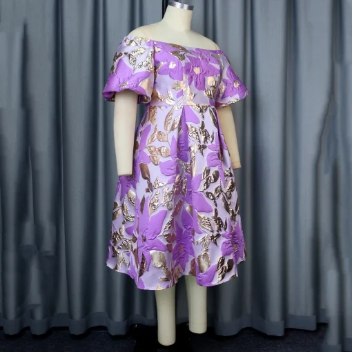 Purple Printed A-Line Dress - Off-Shoulder Elegance for Birthday Parties - Image 3