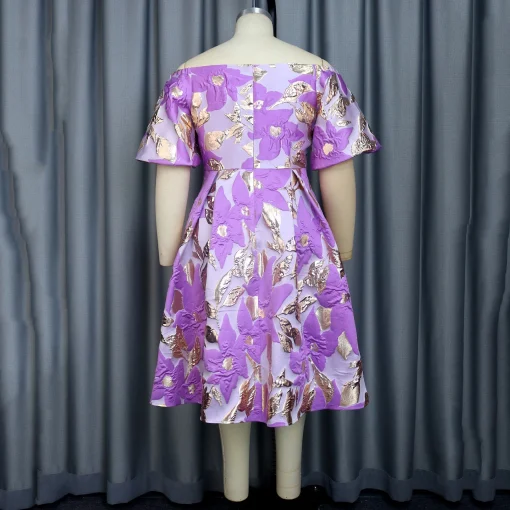 Purple Printed A-Line Dress - Off-Shoulder Elegance for Birthday Parties - Image 4