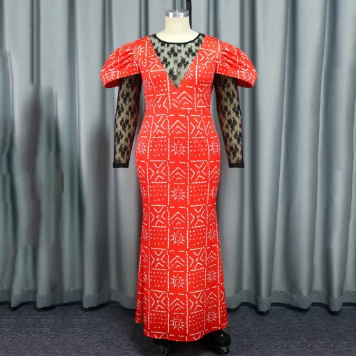 Red Lace Sleeve Sheath Dress - Ankle-Length Luxury for Parties - Image 2