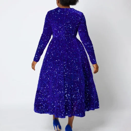 Sequined Party Dress: Luxury, Full Sleeve, High Waist, Mid-Calf - Image 2