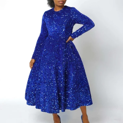 Sequined Party Dress: Luxury, Full Sleeve, High Waist, Mid-Calf