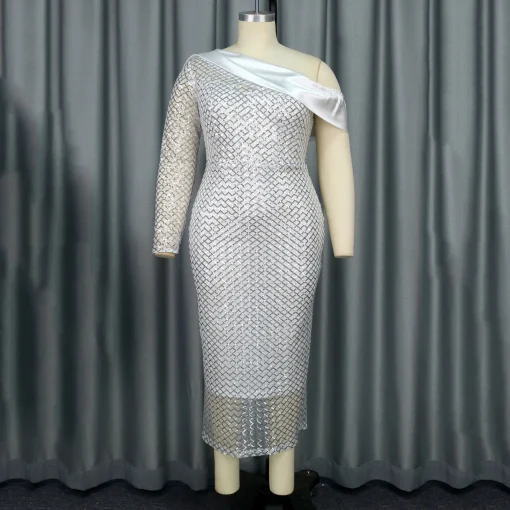 One Shoulder Sequined Dress: Full Sleeve, Sheath, Elegant Mid-Calf - Image 2