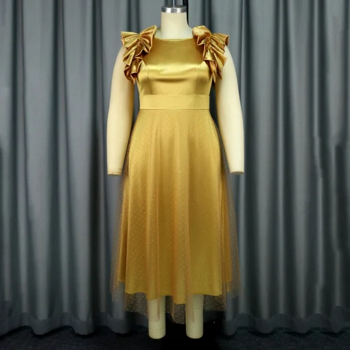 Yellow Luxury Sleeveless Dress: Round Neck, Pleated, Ankle-Length Elegance - Image 2