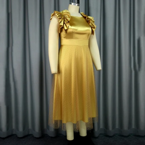 Yellow Luxury Sleeveless Dress: Round Neck, Pleated, Ankle-Length Elegance - Image 3