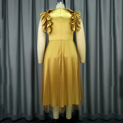 Yellow Luxury Sleeveless Dress: Round Neck, Pleated, Ankle-Length Elegance - Image 4