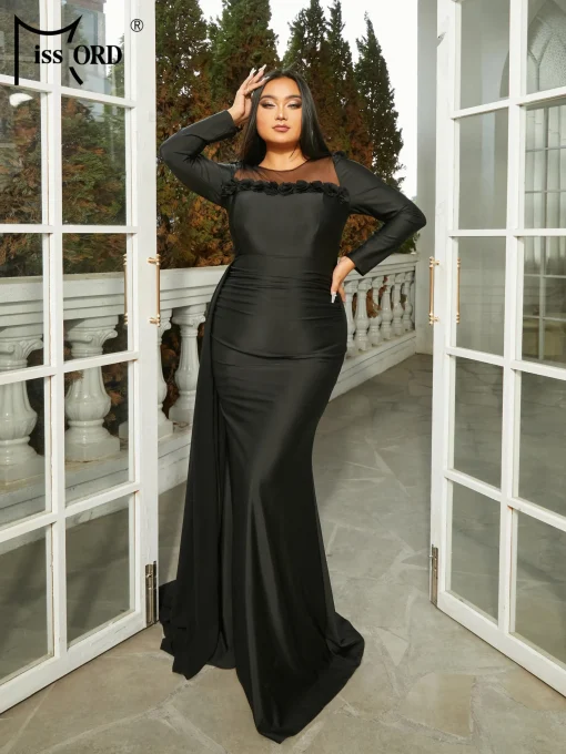 Missord Black Plus Size Evening Dress - Applique Maxi Mermaid - Image 2