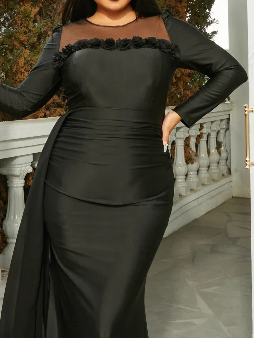 Missord Black Plus Size Evening Dress - Applique Maxi Mermaid