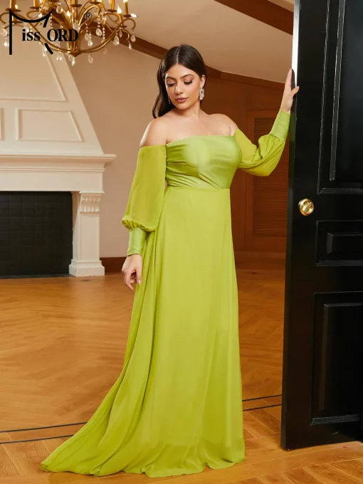 Green Plus Size Prom Dress - Elegant Off Shoulder A-Line - Image 3