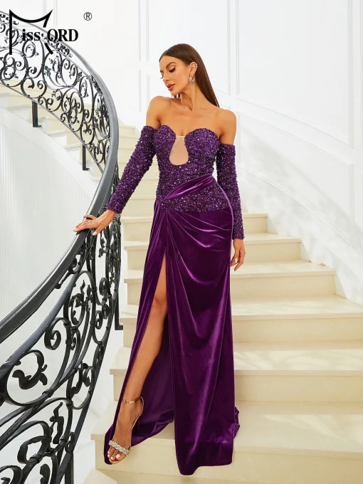 Purple Velvet Off-Shoulder Prom Dress - Sequin Thigh Split A-line - Image 3