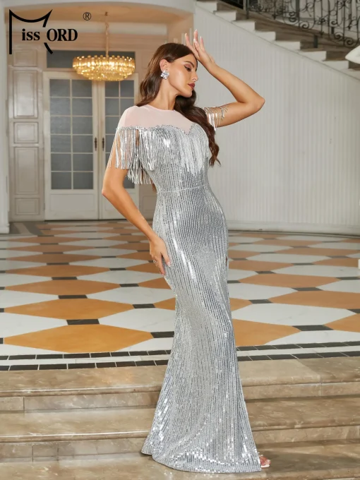 Silver Sequin Wedding Party Dress - Elegant O-neck, Thigh Split - Image 3