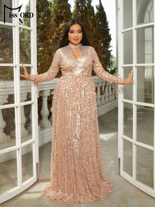 Missord Apricot Sequin Plus Size Prom Dress - Turtleneck A-line - Image 2