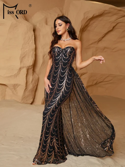 Missord Black Strapless Party Dress - Elegant Gold Sequin Gown - Image 4