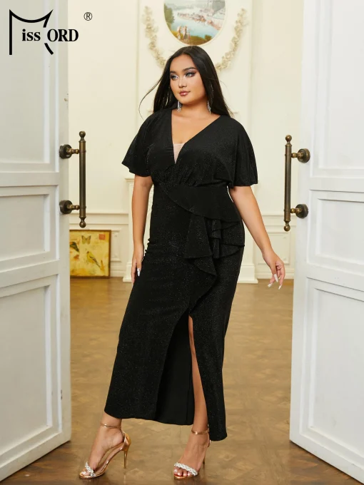 Elegant Black Plus Size Midi Party Dress - V-Neck Ruffles - Image 4