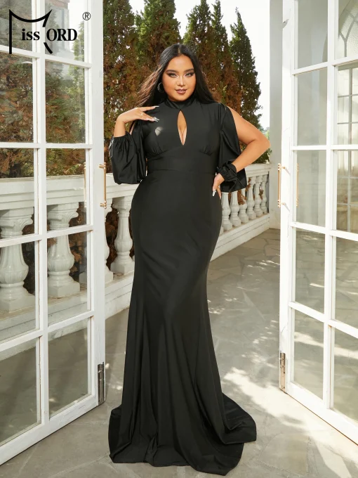 Missord Black Plus Size Mermaid Dress - Turtleneck Split Sleeve - Image 2