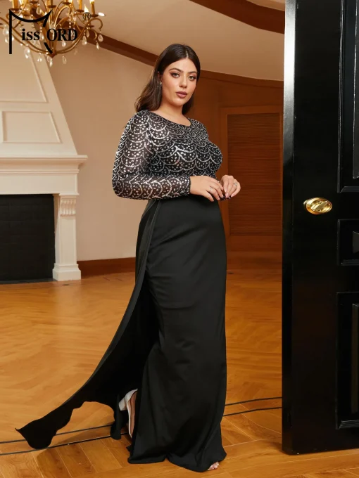 Black Plus Size Prom Dress with Train - Elegant Long Sleeve - Image 3