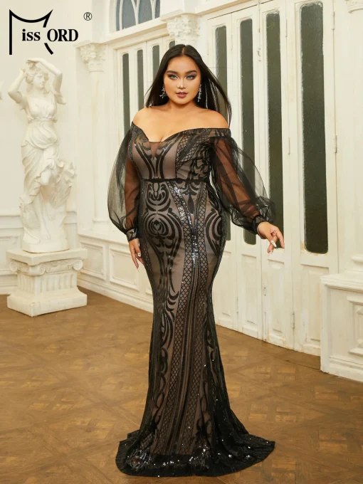 Missord Black Print Sequin Mermaid Plus Size Prom Dress - Image 3