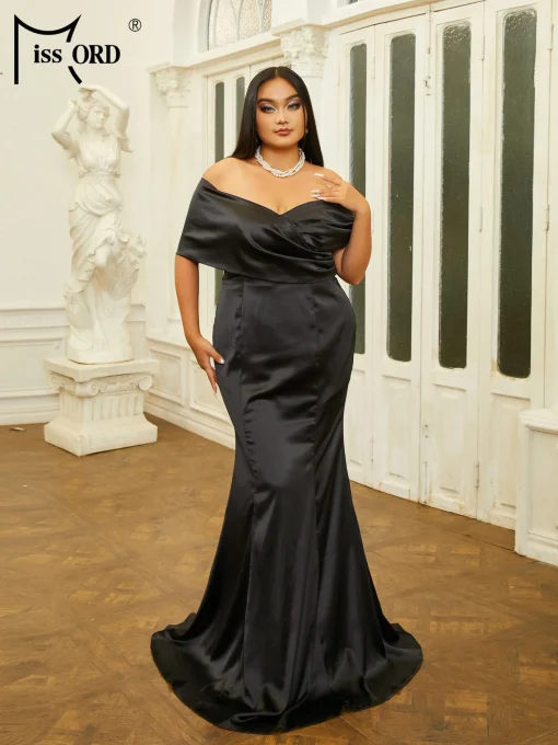 Elegant Black Satin Plus Size Evening Dress - Off-Shoulder Maxi - Image 2