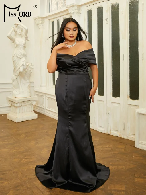 Elegant Black Satin Plus Size Evening Dress - Off-Shoulder Maxi - Image 3