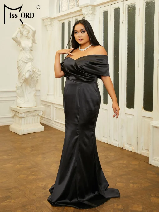 Elegant Black Satin Plus Size Evening Dress - Off-Shoulder Maxi - Image 4