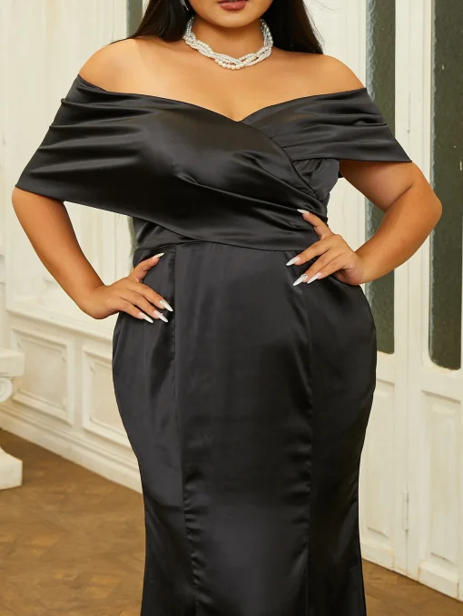 Elegant Black Satin Plus Size Evening Dress - Off-Shoulder Maxi