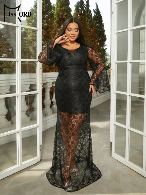 Missord Black Lace Plus Size Wedding Party Dress - Flare Sleeve - Image 2