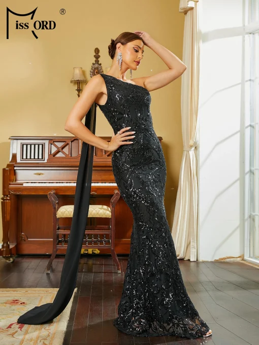 Missord Black Sequin One-Shoulder Prom Dress - Draped Mermaid Gown - Image 3