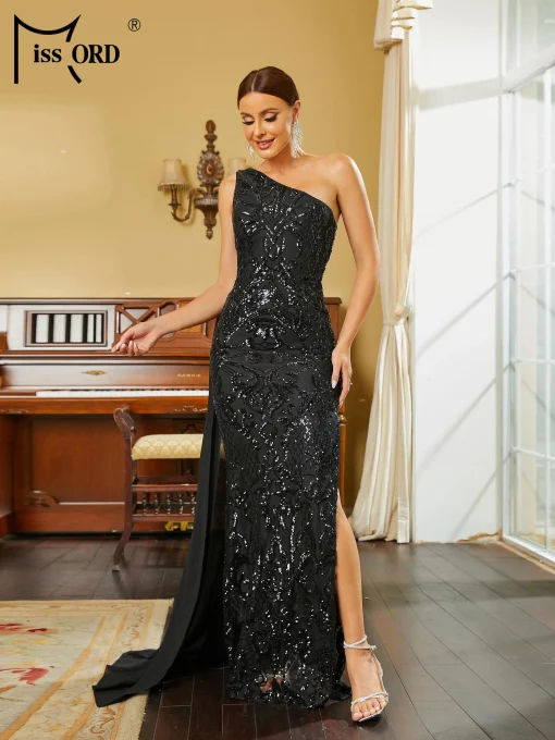 Missord Black Sequin One-Shoulder Prom Dress - Draped Mermaid Gown - Image 4