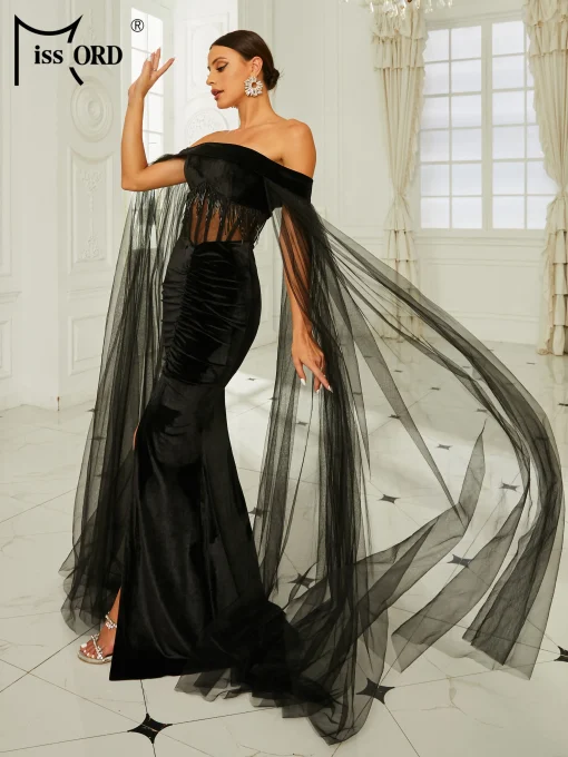 Elegant Black Velvet Evening Dress - Off-Shoulder Tassels Bodycon Mermaid - Image 3