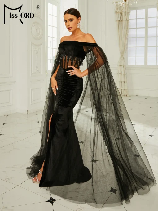 Elegant Black Velvet Evening Dress - Off-Shoulder Tassels Bodycon Mermaid - Image 4