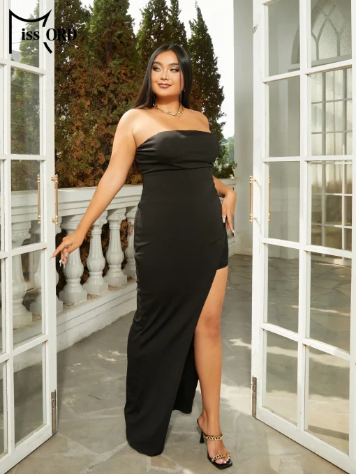 Elegant Black Plus Size Bodycon Dress - Strapless Thigh Split - Image 4