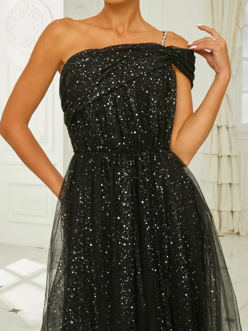 Elegant Black Dot Tutu Evening Dress - Off-Shoulder A-line Thigh Split