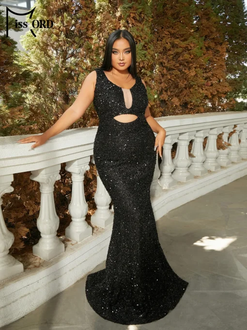 Missord Elegant Black Mermaid Plus Size Evening Dress - V-Neck - Image 2