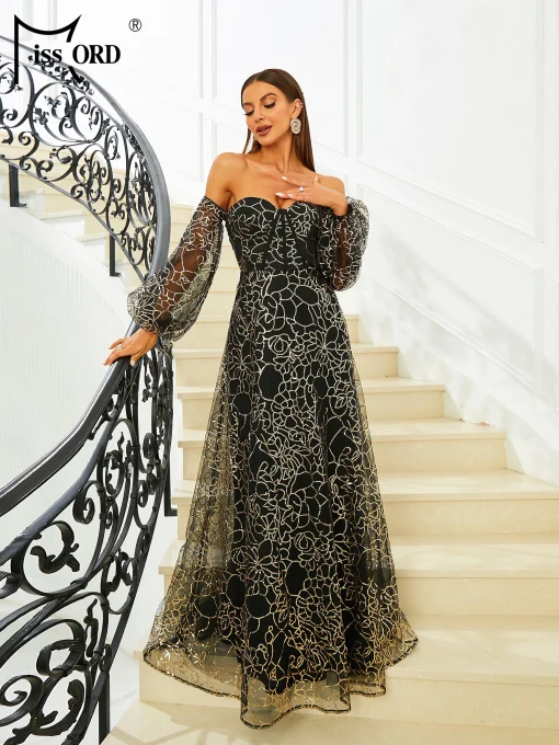 Missord Elegant Black Off-Shoulder Wedding Party Dress - Sequin A-line - Image 2