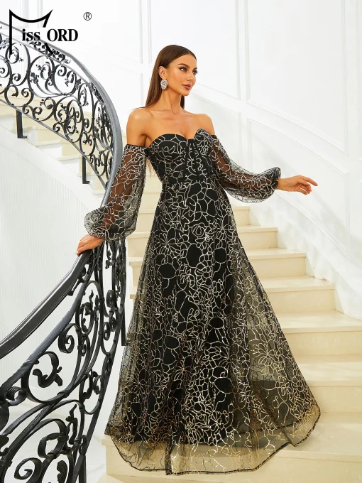 Missord Elegant Black Off-Shoulder Wedding Party Dress - Sequin A-line - Image 3