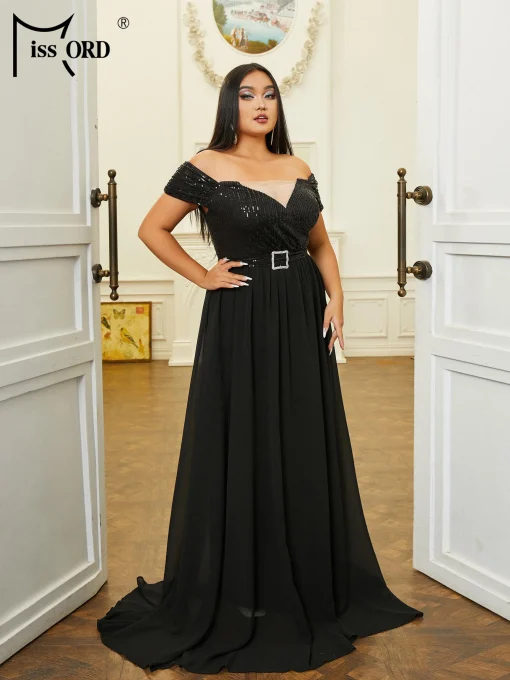 Elegant Black Sequin Plus Size Dress - Off-Shoulder V-Neck Party Gown - Image 2